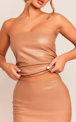 Stone Pu Ruched Side Detail Longline Bandeau