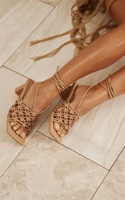 Stone PU Wide Fit Square Toe Woven Lace Block Heeled Sandals