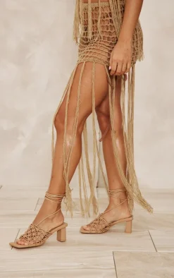 Stone PU Wide Fit Square Toe Woven Lace Block Heeled Sandals