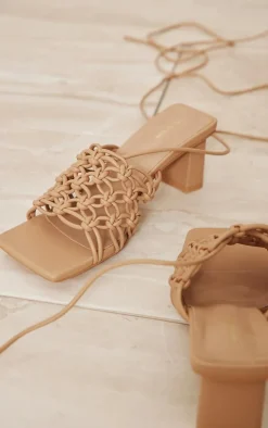 Stone PU Wide Fit Square Toe Woven Lace Block Heeled Sandals
