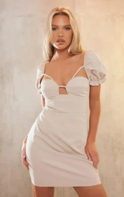 Stone Puff Sleeve Cup Detail Cut Out Bodycon Dress