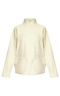 Stone Quarter Zip Fleece Pocket Detail Sweatshirt