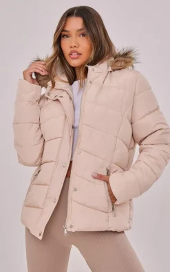 Stone Quilted Mara Faux Fur Hooded Puffer Jacket