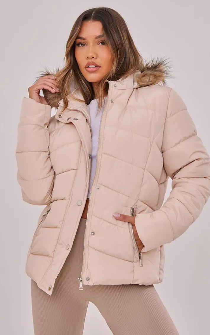 Stone Quilted Mara Faux Fur Hooded Puffer Jacket
