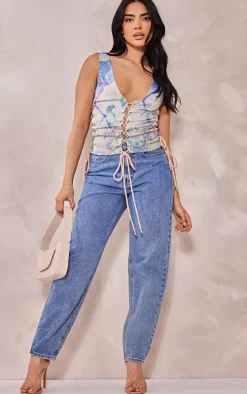 Stone Renaissance Print Woven Lace Up Detail Plunge Sleeveless Top