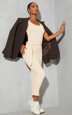 Stone Rib Cut Out Back Detail Tie Waist Midaxi Dress