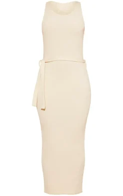 Stone Rib Cut Out Back Detail Tie Waist Midaxi Dress