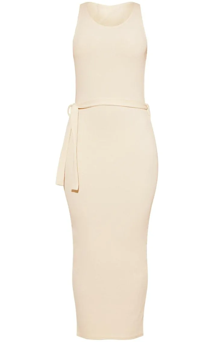 Stone Rib Cut Out Back Detail Tie Waist Midaxi Dress