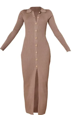 Stone Ribbed Button Up Knitted Maxi Dress