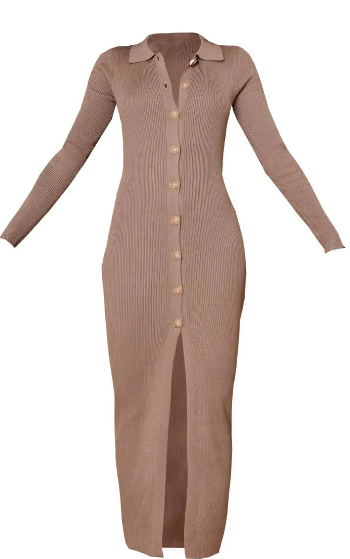 Stone Ribbed Button Up Knitted Maxi Dress