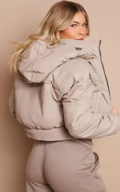 Stone Ribbed Hem Detachable Hood Cropped Puffer Jacket