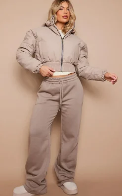 Stone Ribbed Hem Detachable Hood Cropped Puffer Jacket