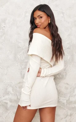 Stone Ribbed Long Sleeve One Shoulder Asymmetric Bardot Mini Dress