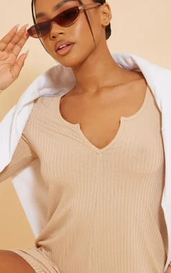 Stone Ribbed V Neck Long Sleeve Romper