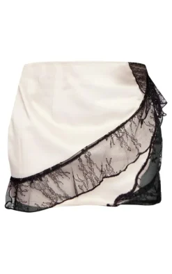 Stone Satin Lace Trim Wrap Detail Mini Skirt