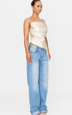 Stone Satin Ruched Asymmetric Strappy Top