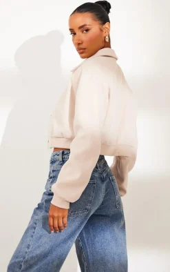 Stone Shoulder Padded Wool Look Cropped Bomber Jacket