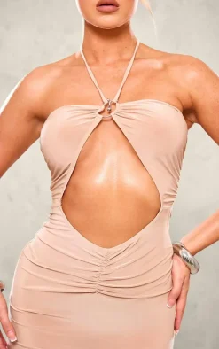 Stone Slinky Ring Detail Halter Neck Mini Dress