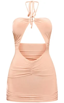 Stone Slinky Ring Detail Halter Neck Mini Dress