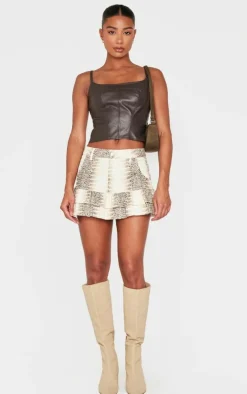 Stone Snake Print Faux Leather Frill Hem Mini Skirt