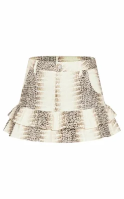 Stone Snake Print Faux Leather Frill Hem Mini Skirt