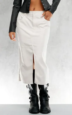 Stone Soft Peached Woven Split Front Midi Skirt