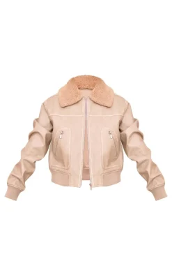 Stone Soft Pu Contrast Collar Cropped Jacket