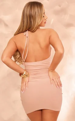 Stone Soft Touch Halterneck Cut Out Ruched Front Mini Dress