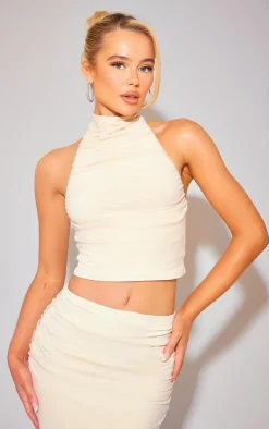 Stone Soft Touch Ruched Halterneck Crop Top