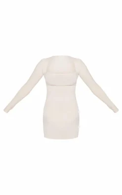 Stone Soft Touch Square Neck Long Sleeve Bodycon Dress