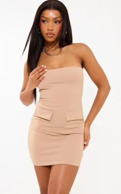 Stone Stretch Woven Bandeau Pocket Detail Mini Dress