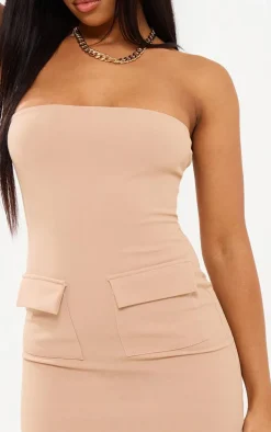 Stone Stretch Woven Bandeau Pocket Detail Mini Dress