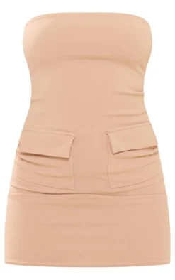 Stone Stretch Woven Bandeau Pocket Detail Mini Dress