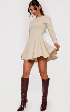 Stone Stretch Woven Boat Neck Long Sleeve Pleated Shift Dress