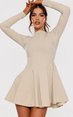 Stone Stretch Woven Boat Neck Long Sleeve Pleated Shift Dress