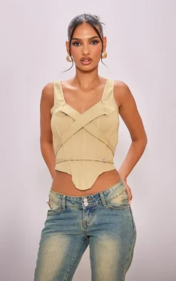 Stone Stretch Woven Boned Cross Detail Corset