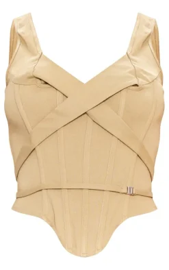 Stone Stretch Woven Boned Cross Detail Corset