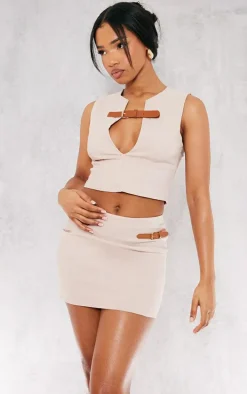 Stone Stretch Woven Brown Belt Detail Mini Skirt