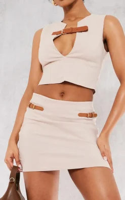 Stone Stretch Woven Brown Belt Detail Mini Skirt