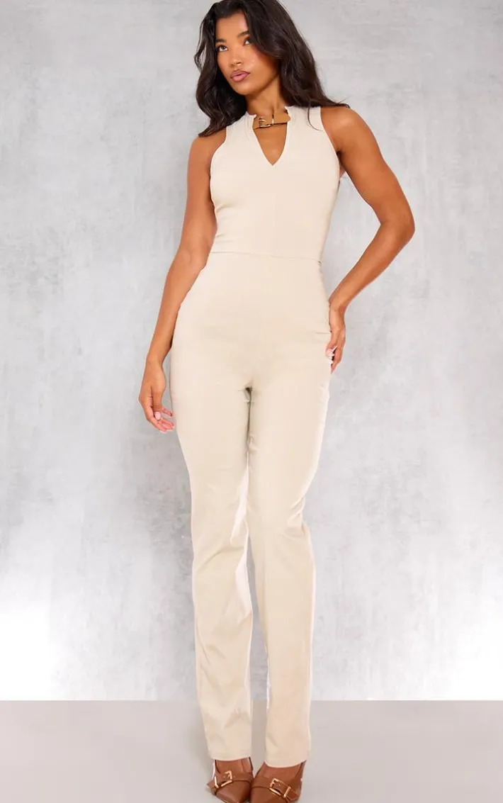 Stone Stretch Woven Buckle Detail Key Hole Jumpsuit