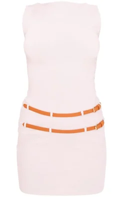 Stone Stretch Woven Double Belted Bodycon Dress