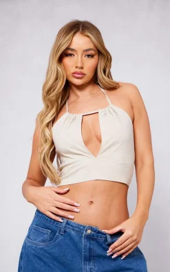 Stone Stretch Woven Halter Cut Out Crop Top