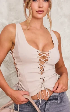 Stone Stretch Woven Lace Up Long Top