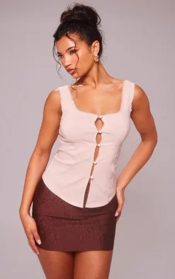 Stone Stretch Woven Split Hem Scallop Edge Top