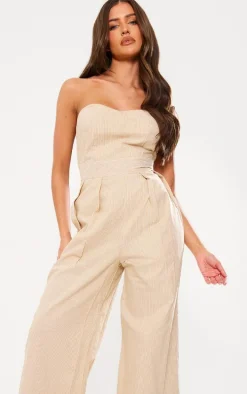 Stone Stripe Bandeau Cotton Pleated Detail Wide Leg Jumpsuit