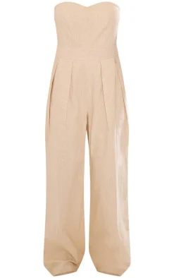 Stone Stripe Bandeau Cotton Pleated Detail Wide Leg Jumpsuit