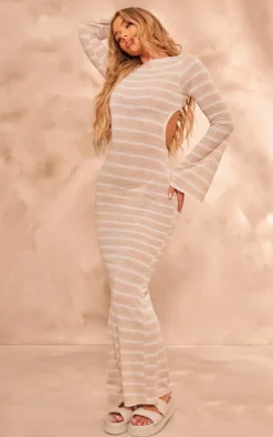 Stone Stripe Flare Sleeve Cut Out Back Maxi Dress