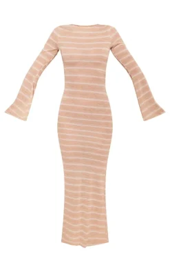 Stone Stripe Flare Sleeve Cut Out Back Maxi Dress