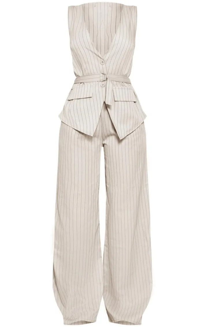 Stone Stripe Woven Vest Tailored Wide Leg Jumpsuit