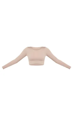 Stone Structured Snatched Ribbed Round Neck Long Sleeve Crop Top